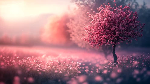 Digital painting of pink blossom grove in ethereal backlight.