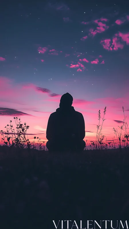 Silhouette meditates under violet twilight sky panorama.