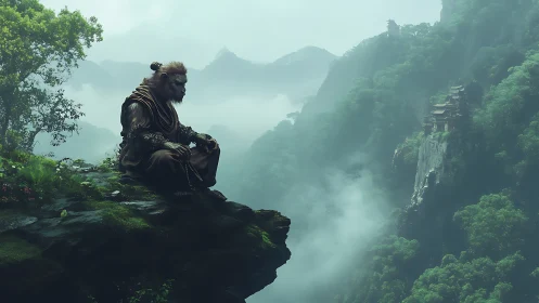 Monkey warrior meditates above misty mountain temples.