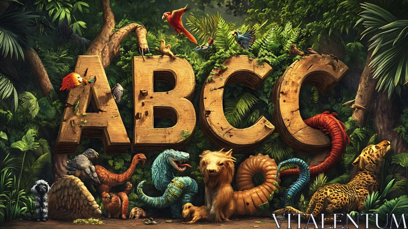 Wooden ABC letters with diverse jungle animals in foliage.