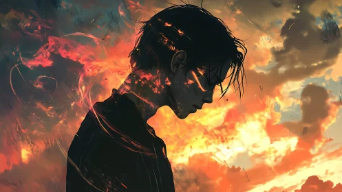 Silhouetted figure against diffuse fiery sky at dusk.