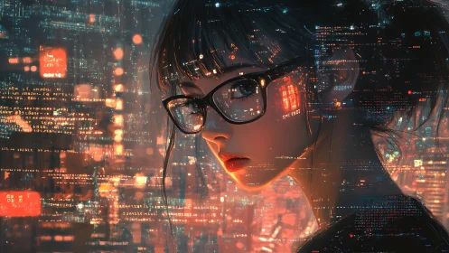 Cybernetic coder portrait merges neon UI overlays and reflective optics