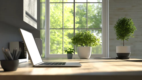 Workstation illuminated by window daylight and foliage geometry.