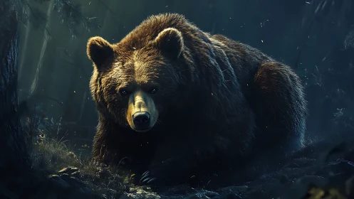Low-key digital study of a crouched brown bear in forest dusk