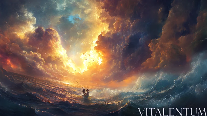 Small boat crosses rough ocean under dense luminous clouds