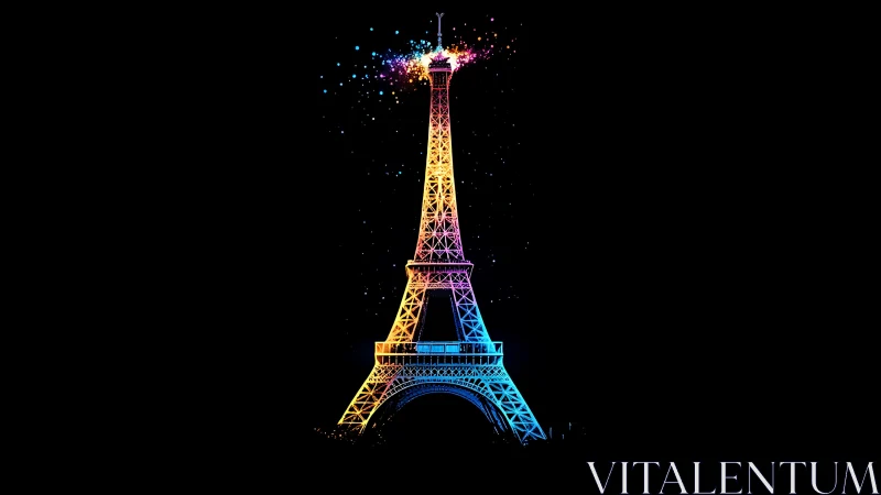 Neon Eiffel Tower silhouette with prismatic gradient illumination.