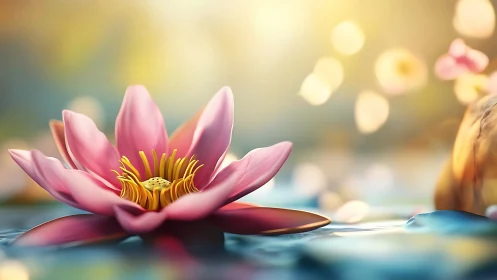 Pink waterlily in luminous bokeh with reflective surface focus.
