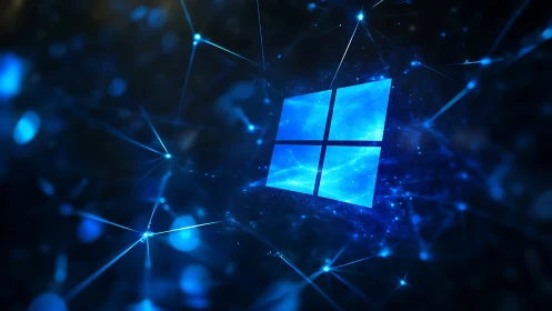 Windows logo in blue digital network environment.