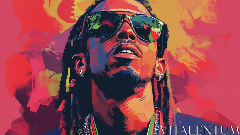 Chromatic vector portrait of reflective sunglasses and dreadlocks.
