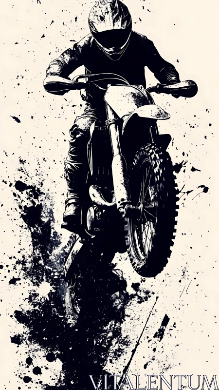 Motocross rider airborne with ink-like splatter effects.