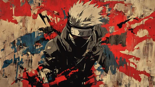 Masked ninja erupts from bold abstract red and beige strokes.