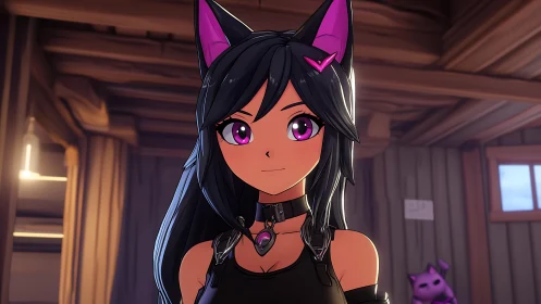 Neon-eyed cat girl in warm wooden interior portrait.