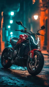 Red street motorcycle under neon city night lights.