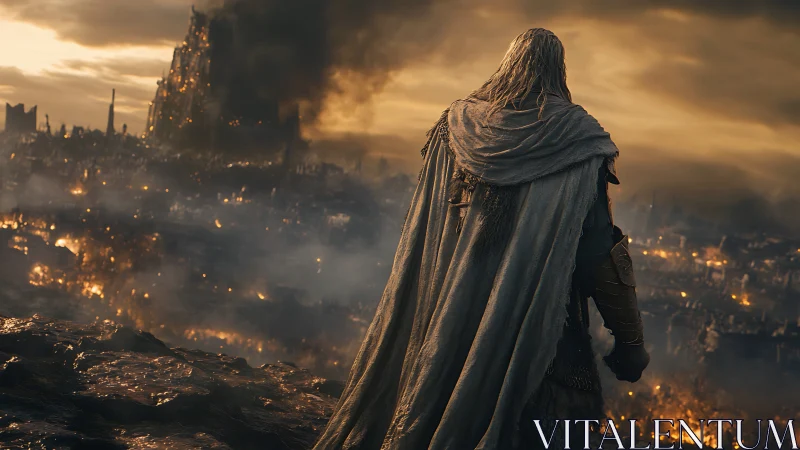 Lone cloaked warrior surveys a burning ruined city at dusk.