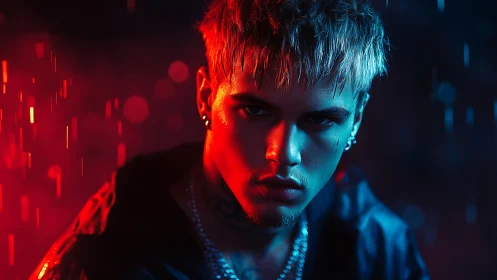 Moody night portrait glowing with bold neon red and blue light.