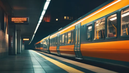 Midnight orange commuter train gliding through quiet station.