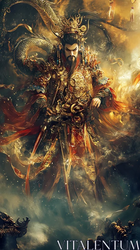 Imperial warlord in ornate armor with coiling celestial dragon