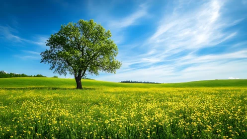Solitary deciduous tree in yellow wildflower meadow under sky.