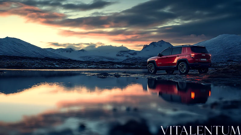 Red SUV parked by mountain lake under dramatic sunset sky.
