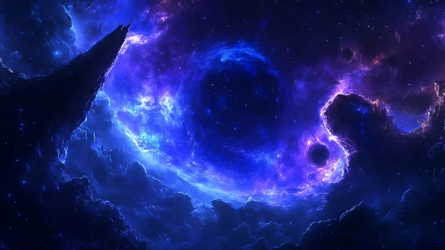 Vivid cosmic vortex swirling through deep blue nebula.