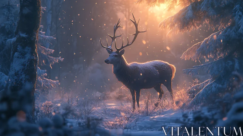 Winterlit stag pauses beneath falling embers of snow.