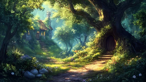 Luminous Forest Sanctuary with Ancient Dwelling.
