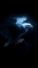Digital painting of luminous soaring eagle on void backdrop.