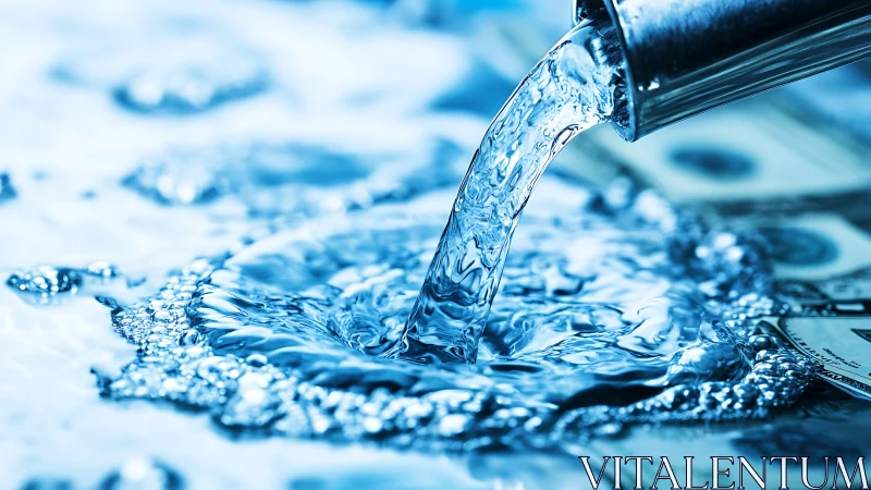 Water flows from metal spout onto submerged dollar bills.