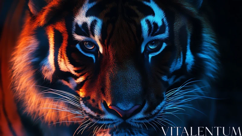 Neon-lit tiger gazes forward in intense, cinematic focus