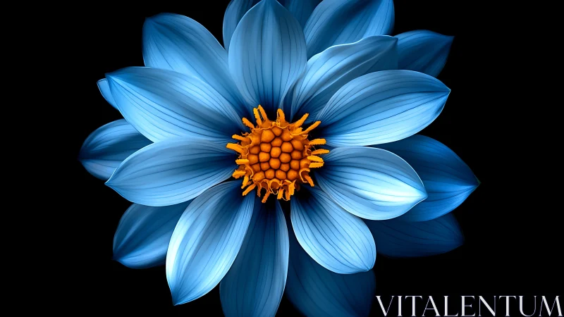 Blue Flower with Golden Center Against Black.
