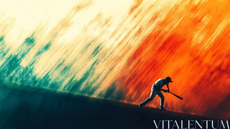 Silhouette baseball batter against blazing abstract sky.