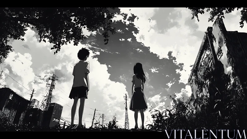 Two children gaze at fractured sky over decaying suburb.