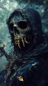 Hooded skeletal wraith looms within misty haunted forest