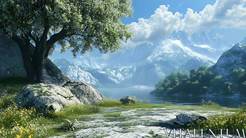 Lakeside blossoms beneath bright peaks and drifting clouds.