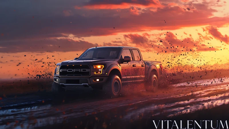 Powerful pickup truck splashing through mud at sunset glow.