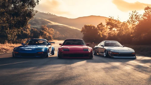 Three modified sports cars aligned on sunlit country road.