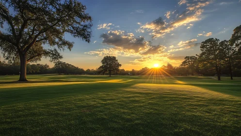 Low-angle sun casts long gradients across manicured golf fairway