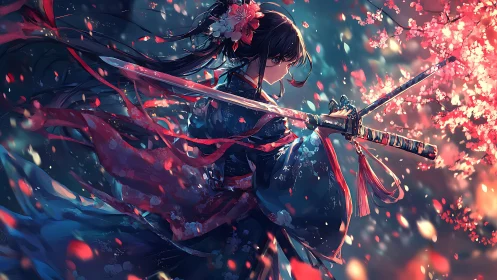 Blade dancer amid luminous cherry blossom storm at dusk.