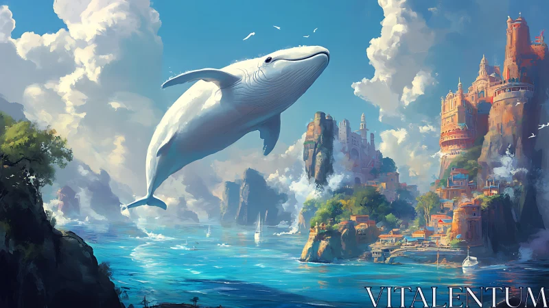 Aerodynamic sky-whale over coastal citadel archipelago.