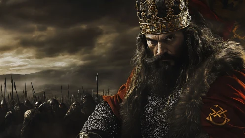 Brooding medieval king leading his battle ready army forward.
