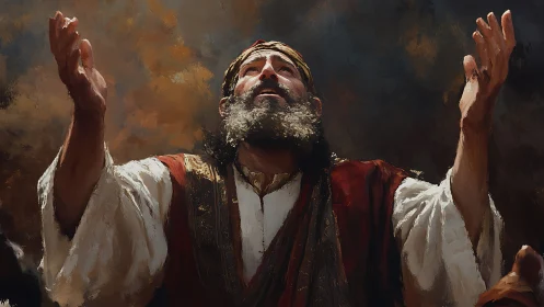 Dramatic chiaroscuro study of praying elder with raised arms