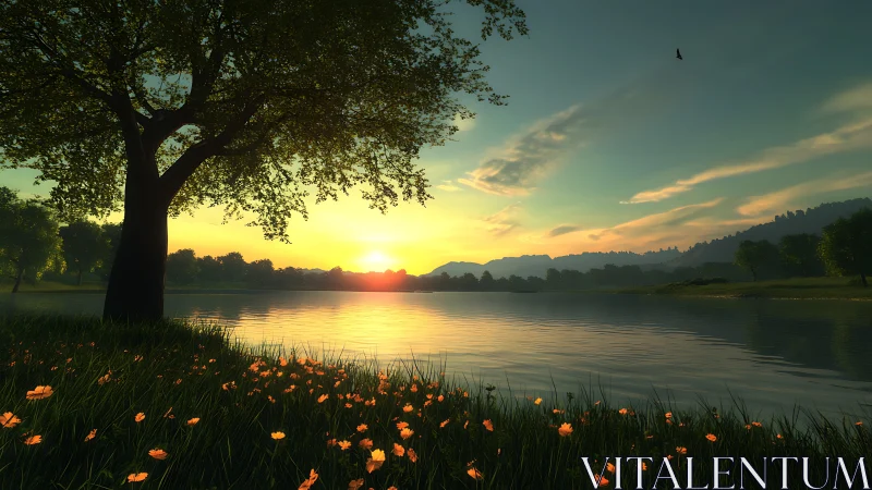Sunlit lakeside meadow glows under tranquil golden sunset.