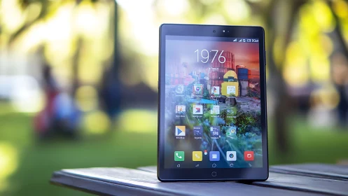 Android Tablet Displaying Smart Home Interface Outdoors.