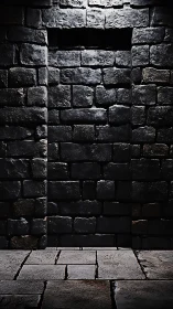 Dark stone wall with sealed doorway under top light.
