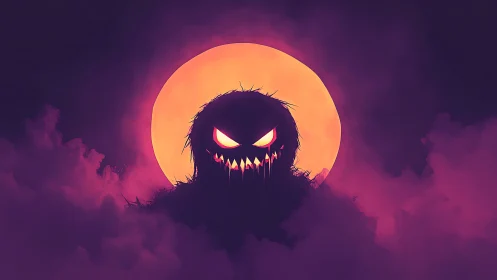 Silhouetted creature against full moon in dense colored cloudscape.