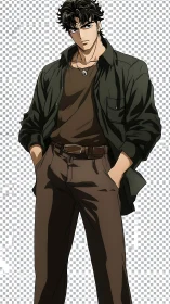 Male anime figure in casual brown and green clothing pose.