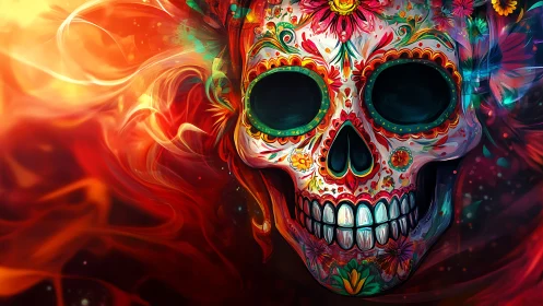 Radiant sugar skull swirling with fiery festive color.