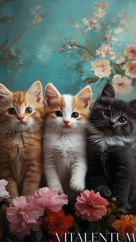 Three Kittens in Floral Garden Setting with Turquoise Background
