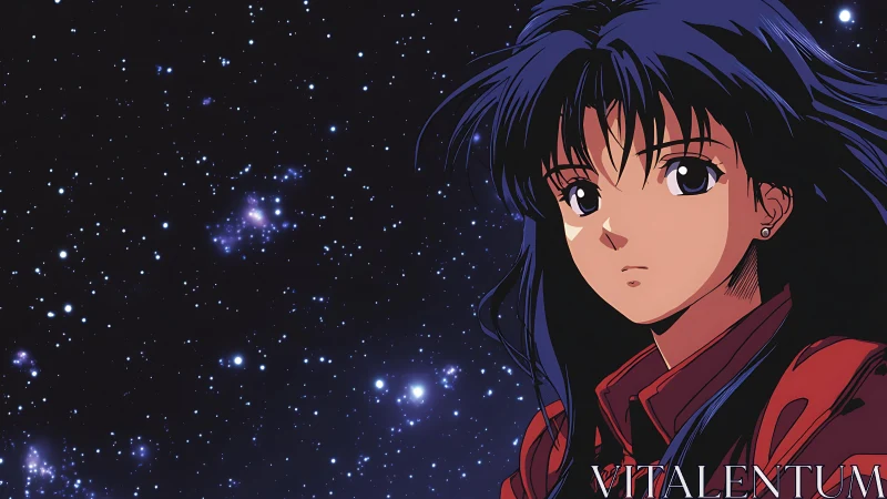Stargazing anime heroine framed by deep cosmic backdrop.