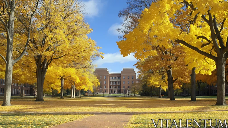 Symmetrical campus quad framed by dense golden deciduous canopy